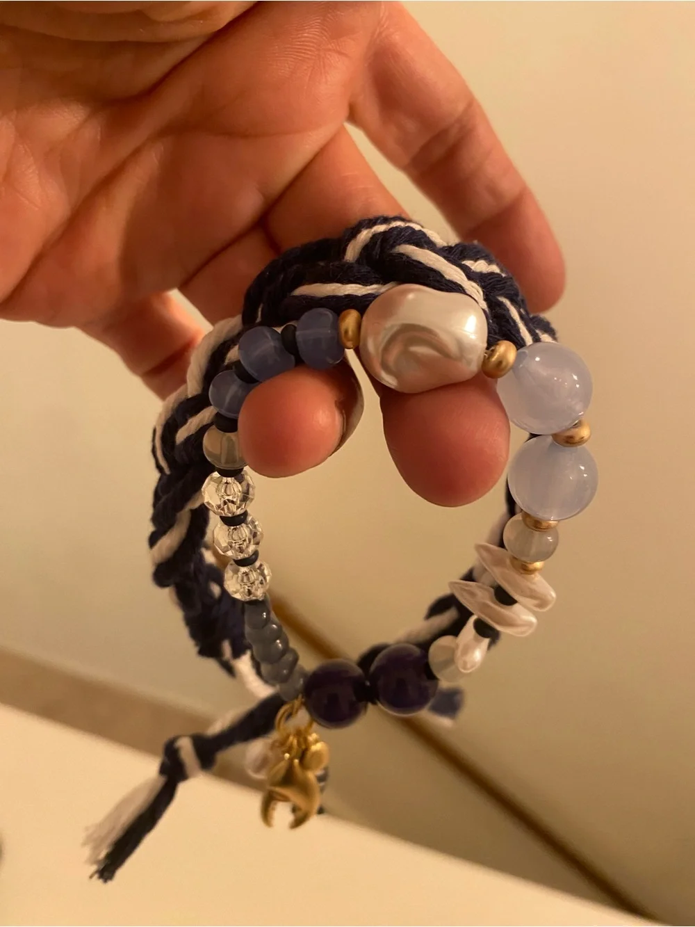 Nautical Beaded Charm & Braided Bracelet Set Navy Blue White